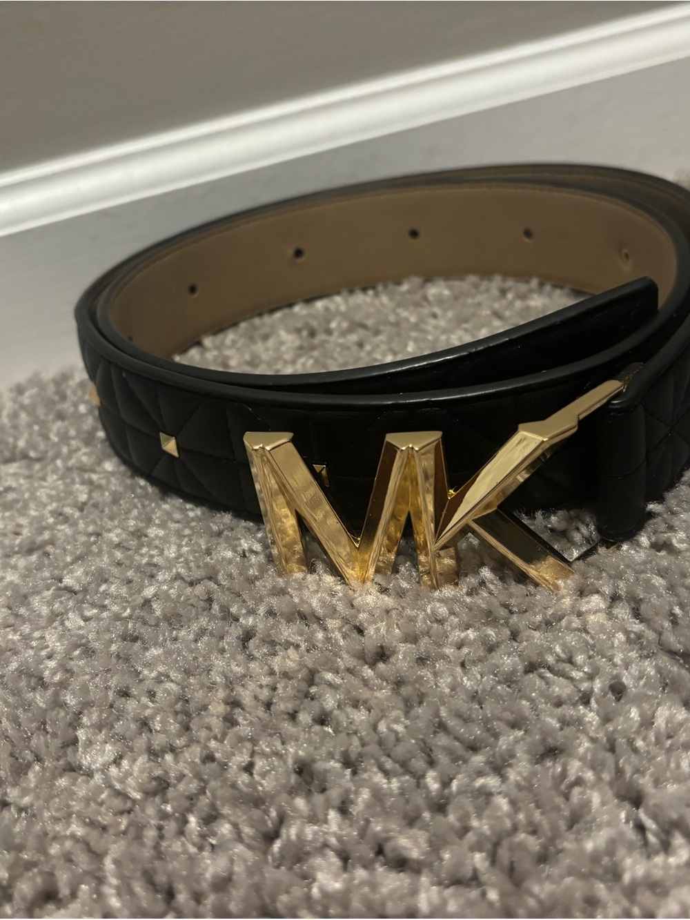 Michael Kors Black Quilted Leather Belt with Gold MK Logo Buckle (Large)